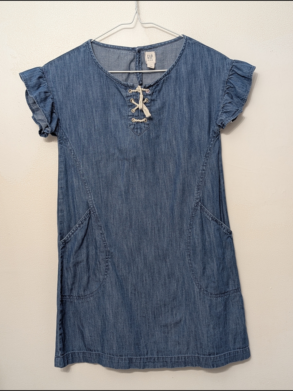 GAP Girls Denim Lace-Up Pocket Dress - Blue L (10-11 Y)